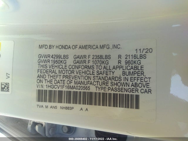 2021 HONDA ACCORD SEDAN LX VIN: 1HGCV1F16MA020565