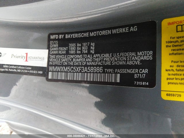 WMWXM5C5XF3A58986 Mini COOPER HARDTOP
