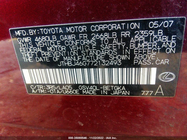Lexus ES 350 2007 JTHBJ46G772132493 Image 10