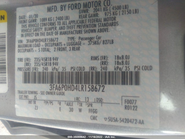 2020 Ford Fusion, VIN: 3FA6P0HD4LR158672