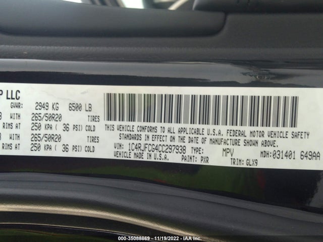 2012 JEEP GRAND CHEROKEE OVERLAND VIN: 1C4RJFCG4CC297938
