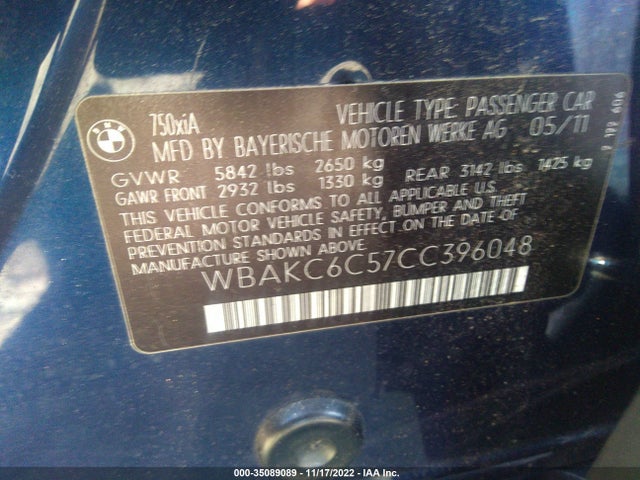 2012 BMW 7 SERIES 750I XDRIVE VIN: WBAKC6C57CC396048