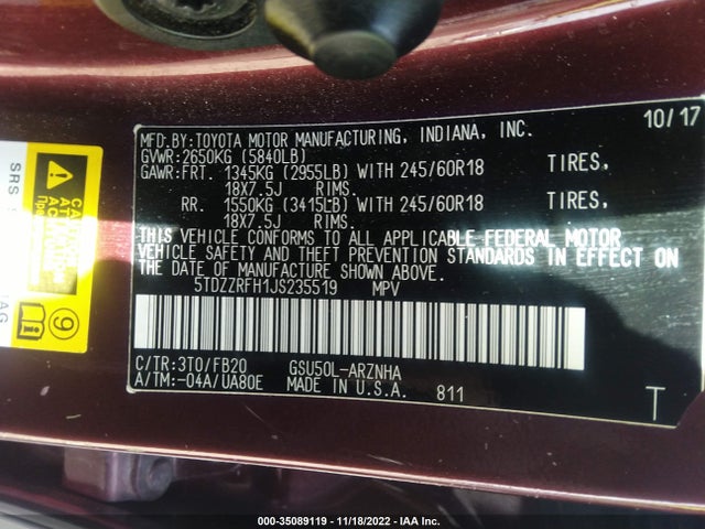 2018 TOYOTA HIGHLANDER LE VIN: 5TDZZRFH1JS235519