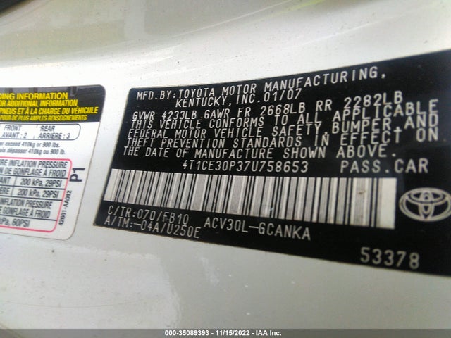 2007 TOYOTA CAMRY SOLARA SE/SE SPORT/SLE VIN: 4T1CE30P37U758653