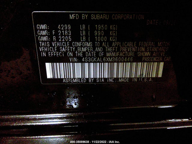 2021 Subaru Impreza, VIN: 4S3GKAL6XM3600446