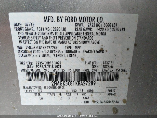 2019 Ford Flex, VIN: 2FMGK5C81KBA27289