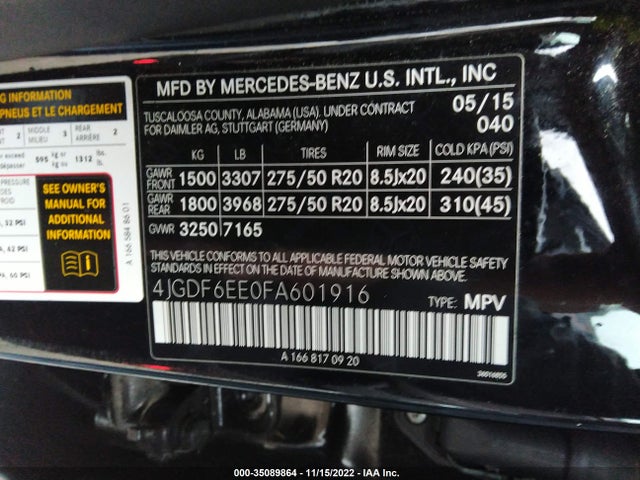 2015 Mercedes-Benz GL-Class, VIN: 4JGDF6EE0FA601916