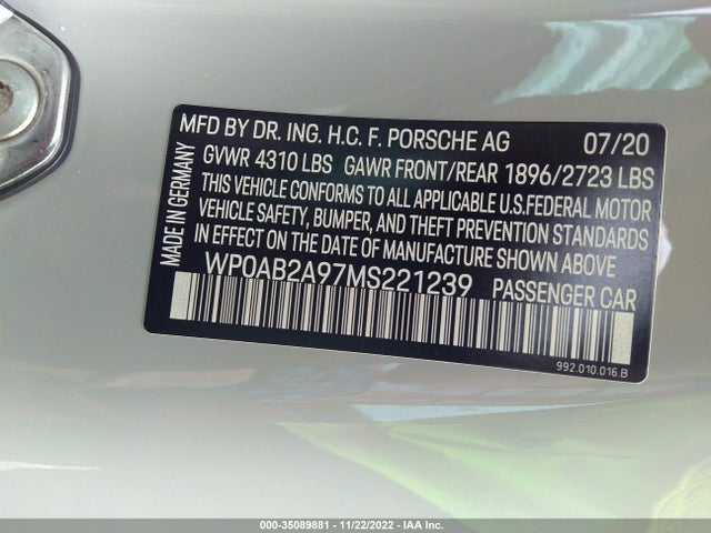 2021 Porsche 911, VIN: WP0AB2A97MS221239