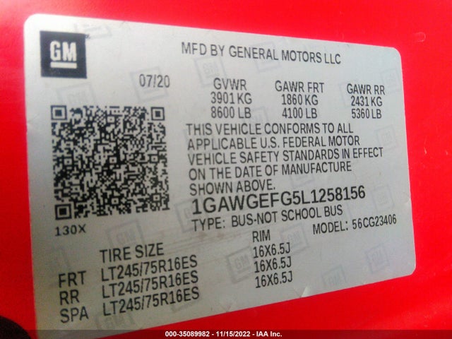 2020 Chevrolet Express, VIN: 1GAWGEFG5L1258156