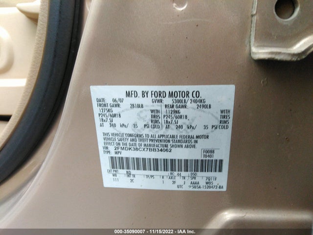 2007 FORD EDGE SEL VIN: 2FMDK38CX7BB34062