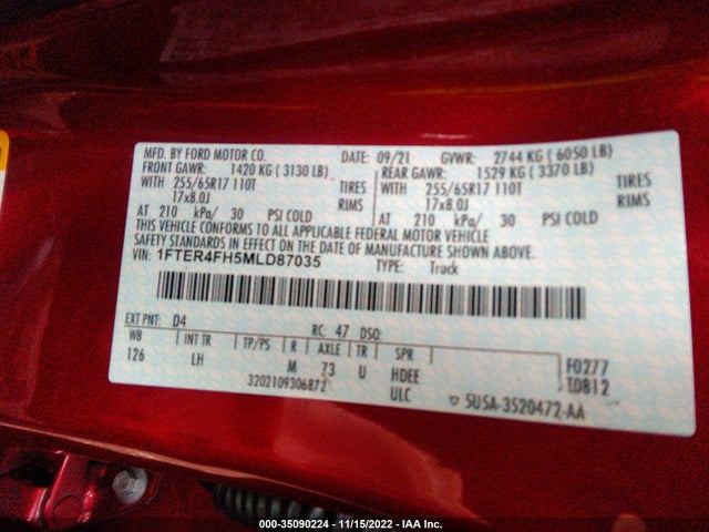 2021 Ford Ranger, VIN: 1FTER4FH5MLD87035