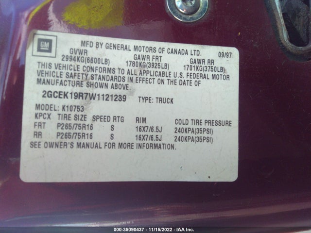 1998 CHEVROLET C/K 1500 VIN: 2GCEK19R7W1121239