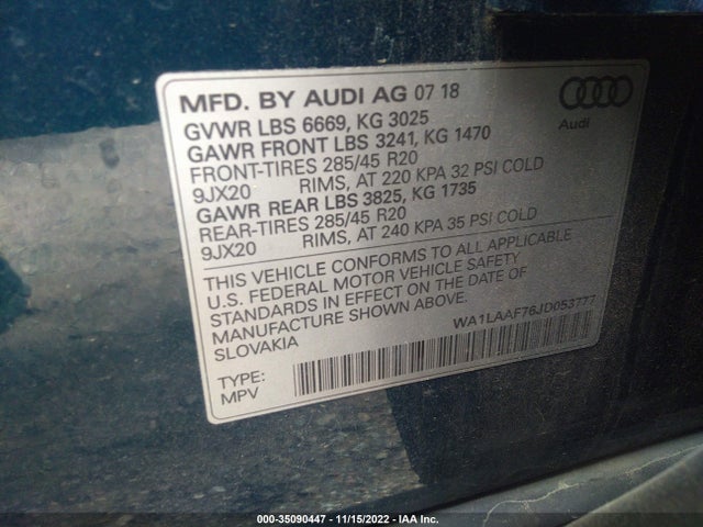 2018 AUDI Q7 PREMIUM PLUS VIN: WA1LAAF76JD053777