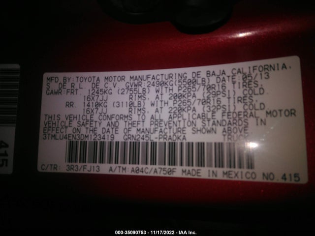 2013 TOYOTA TACOMA VIN: 3TMLU4EN3DM123419