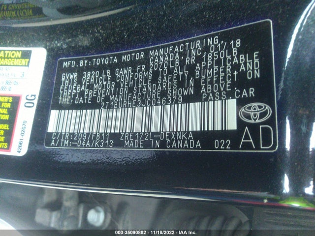 2018 TOYOTA COROLLA L/LE/XLE/SE/XSE VIN: 2T1BURHE3JC046379