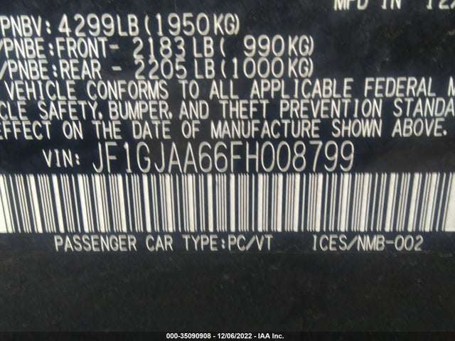 Subaru IMPREZA SEDAN 2015 JF1GJAA66FH008799 Image 9