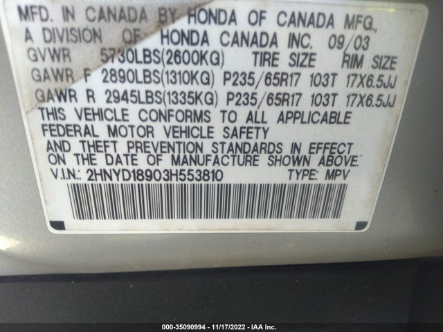 Acura MDX 2003 2HNYD18903H553810 Image 10