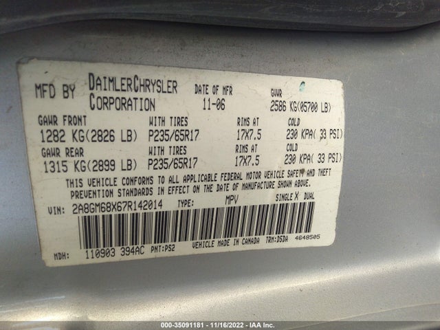 Chrysler Pacifica Touring 2007 2A8GM68X67R142014 Image 11