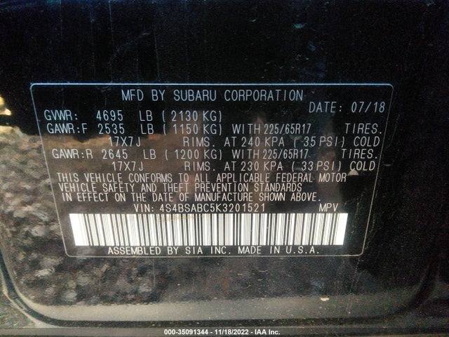 2019 Subaru Outback, VIN: 4S4BSABC5K3201521