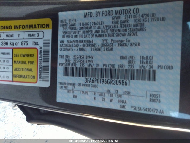 2016 Ford Fusion, VIN: 3FA6P0T96GR309861