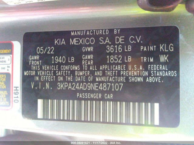 3KPA24AD9NE487107 KIA RIO S