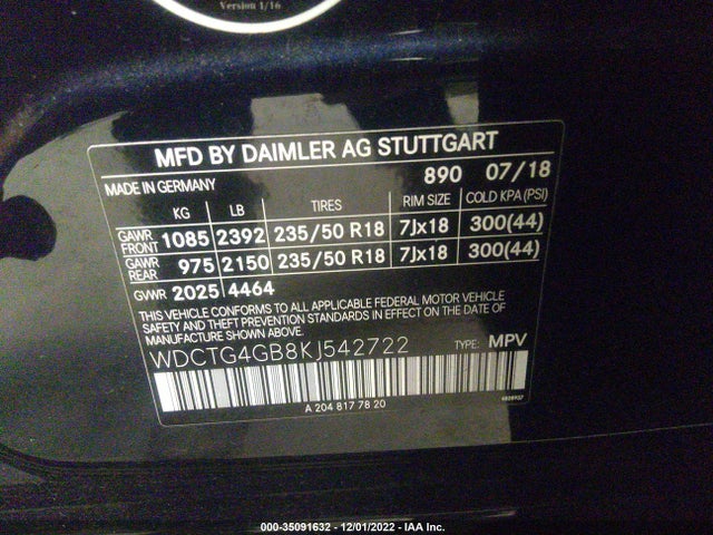 2019 Mercedes-Benz GLA-Class, VIN: WDCTG4GB8KJ542722