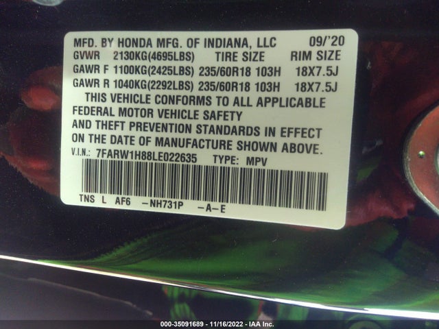 2020 HONDA CR-V EX-L VIN: 7FARW1H88LE022635