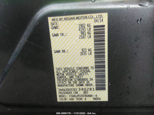 2014 NISSAN LEAF SV VIN: 1N4AZ0CP2EC340281