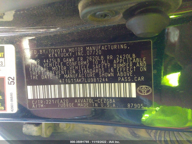 2020 Toyota Camry, VIN: 4T1G11AK7LU981244