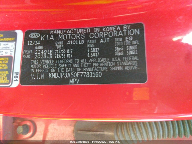 KIA SOUL + 2015 KNDJP3A50F7783560 Image 10