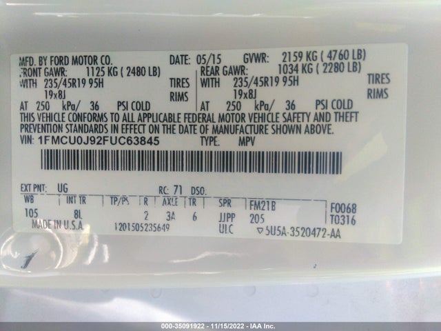 2015 Ford Escape, VIN: 1FMCU0J92FUC63845