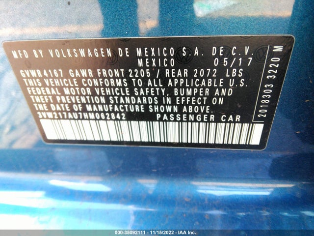3VW217AU7HM062842 Volkswagen GOLF S