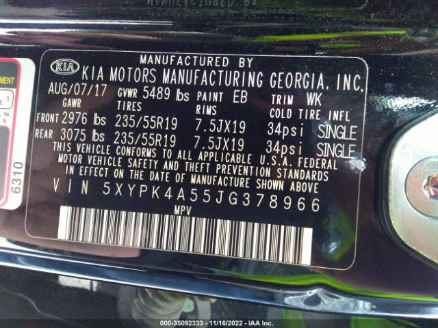 5XYPK4A55JG378966 KIA Sorento Sx Limited V6