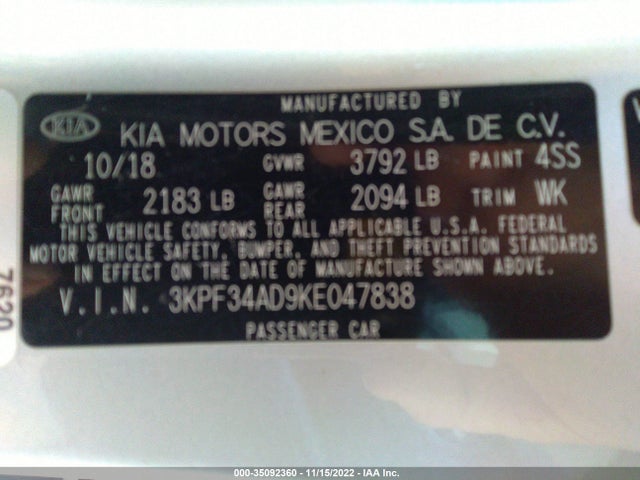 2019 KIA FORTE S VIN: 3KPF34AD9KE047838