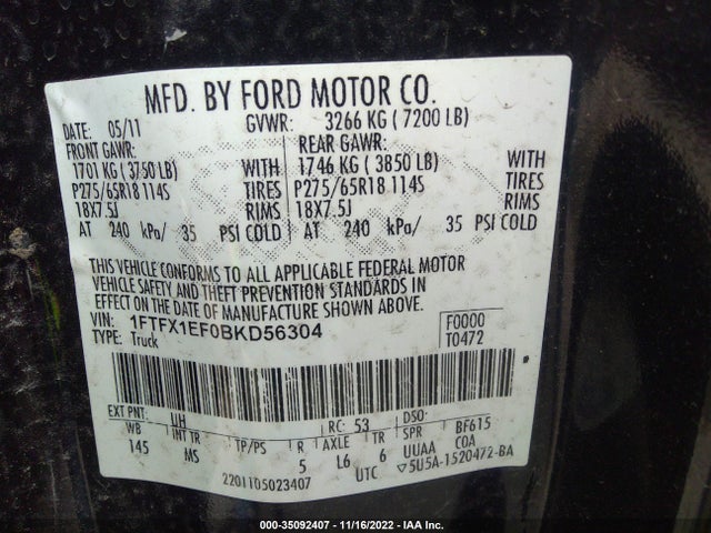 2011 FORD F-150 XL/STX/XLT/FX4/LARIAT VIN: 1FTFX1EF0BKD56304