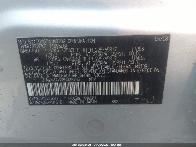 2008 TOYOTA RAV4 LTD VIN: JTMZK34V085022183