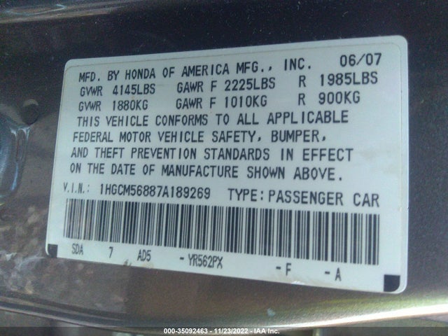 2007 Honda Accord Sdn Ex-l მანქანა იყიდება აუქციონზე, vin: 1HGCM56887A189269, აუქციონის ნომერი: 35092463