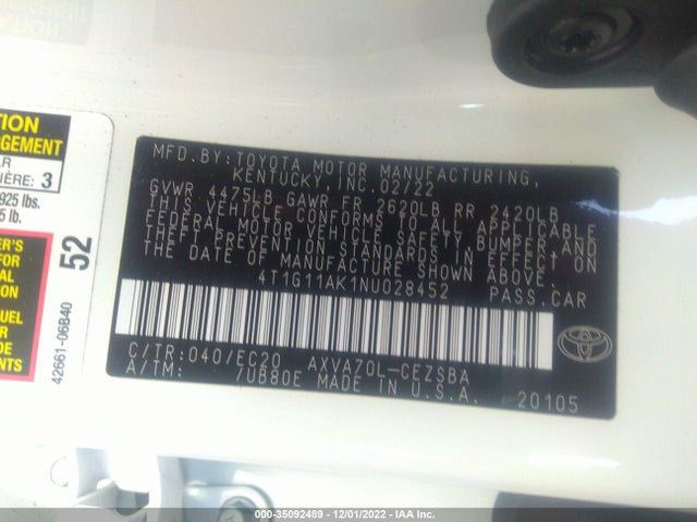 2022 Toyota Camry, VIN: 4T1G11AK1NU028452