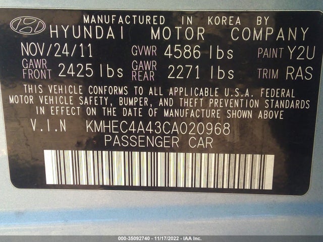 2012 HYUNDAI SONATA HYBRID VIN: KMHEC4A43CA020968