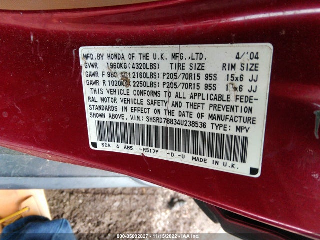 2004 HONDA CR-V EX VIN: SHSRD78834U238536