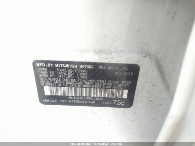 2019 Mitsubishi Mirage, VIN: ML32A3HJ1KH013836