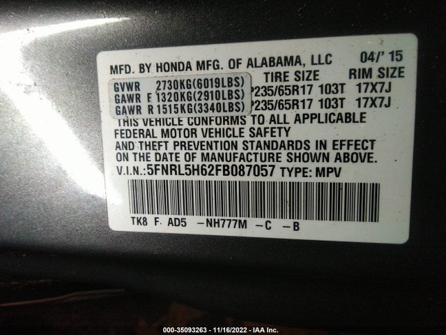 2015 Honda Odyssey, VIN: 5FNRL5H62FB087057