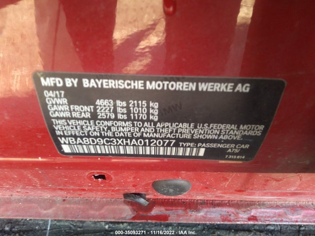 2017 BMW 3 Series, VIN: WBA8D9C3XHA012077