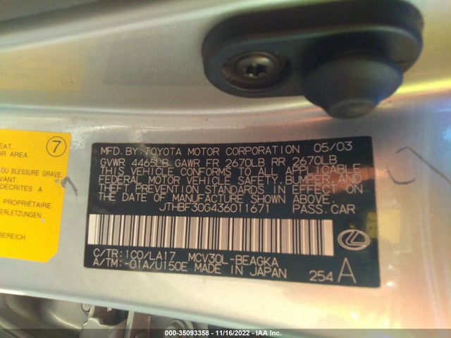 Lexus ES 300 2003 JTHBF30G436011671 Image 10