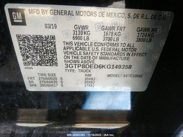 2019 GMC Sierra 1500, VIN: 3GTP8DED6KG149358