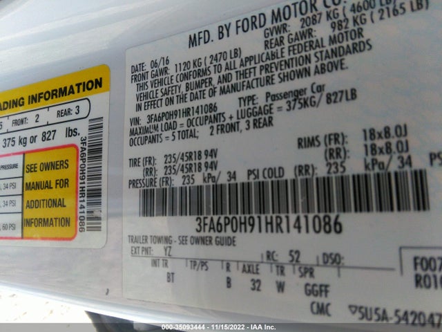 2017 Ford Fusion, VIN: 3FA6P0H91HR141086