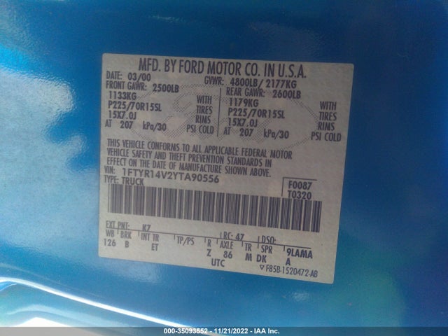 2000 FORD RANGER XL/XLT VIN: 1FTYR14V2YTA90556