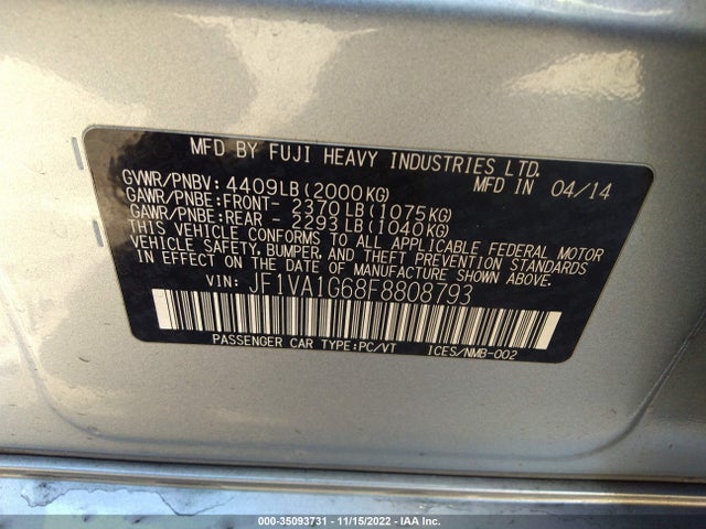 2015 Subaru WRX, VIN: JF1VA1G68F8808793
