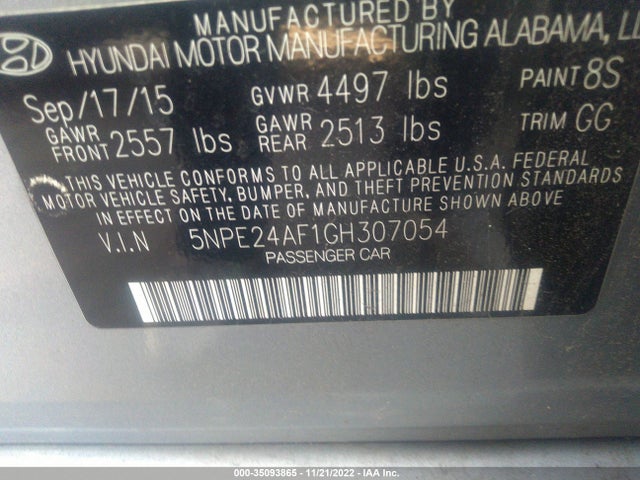 2016 HYUNDAI SONATA 2.4L SE VIN: 5NPE24AF1GH307054