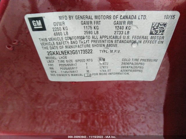 2016 GMC TERRAIN SLE VIN: 2GKALNEK3G6173522